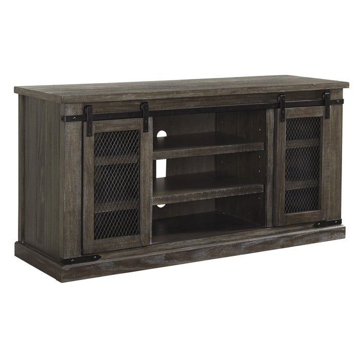 63 Inch Wooden TV Stand with 2 Barn Sliding Doors and 6 Shelves, Brown
