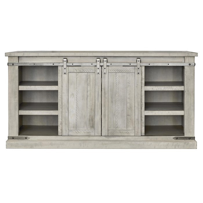 64 Inch Wooden TV Stand with 2 Barn Sliding Doors and 6 Shelves, White