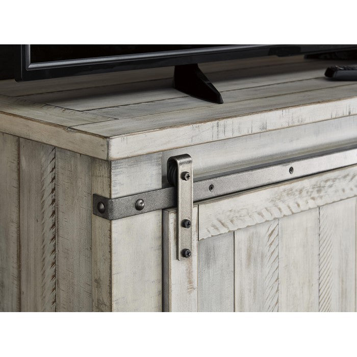 64 Inch Wooden TV Stand with 2 Barn Sliding Doors and 6 Shelves, White