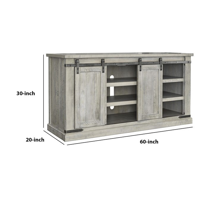 64 Inch Wooden TV Stand with 2 Barn Sliding Doors and 6 Shelves, White