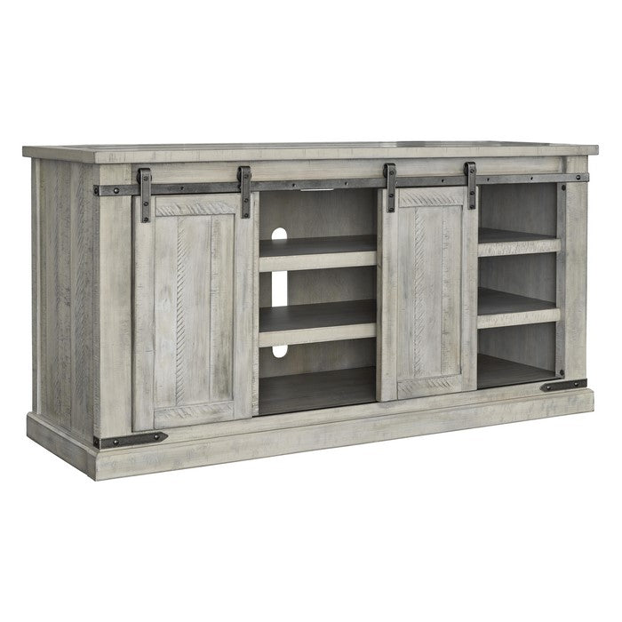 64 Inch Wooden TV Stand with 2 Barn Sliding Doors and 6 Shelves, White