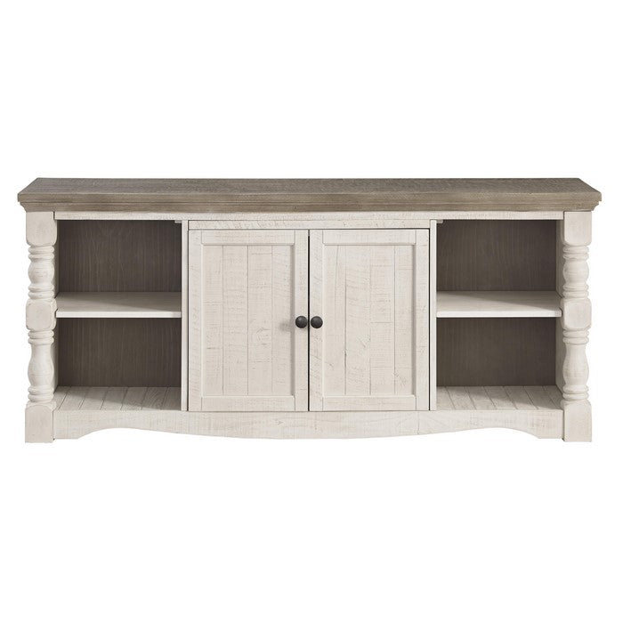67 Inch 2 Door Wooden TV Stand with 4 Side Compartments, Brown and White