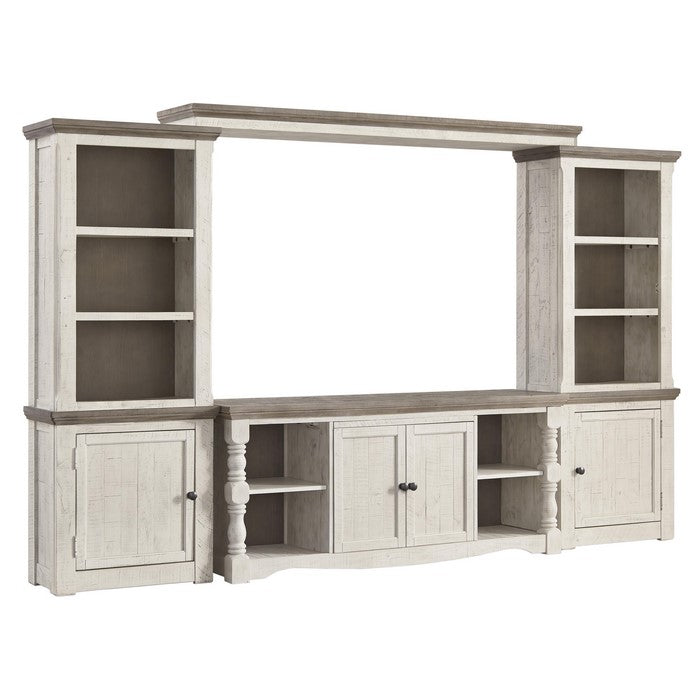 67 Inch 2 Door Wooden TV Stand with 4 Side Compartments, Brown and White