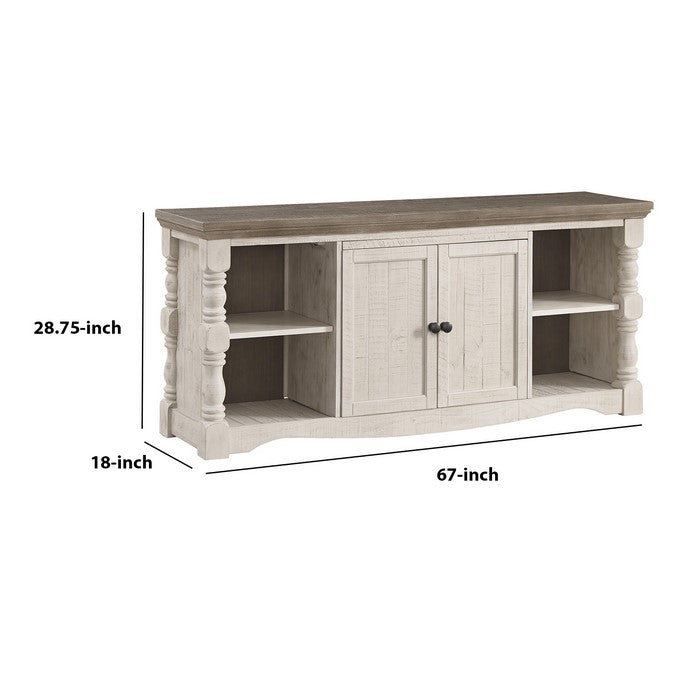 67 Inch 2 Door Wooden TV Stand with 4 Side Compartments, Brown and White