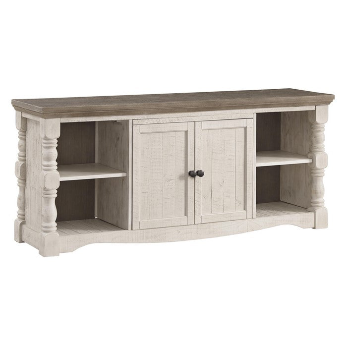 67 Inch 2 Door Wooden TV Stand with 4 Side Compartments, Brown and White