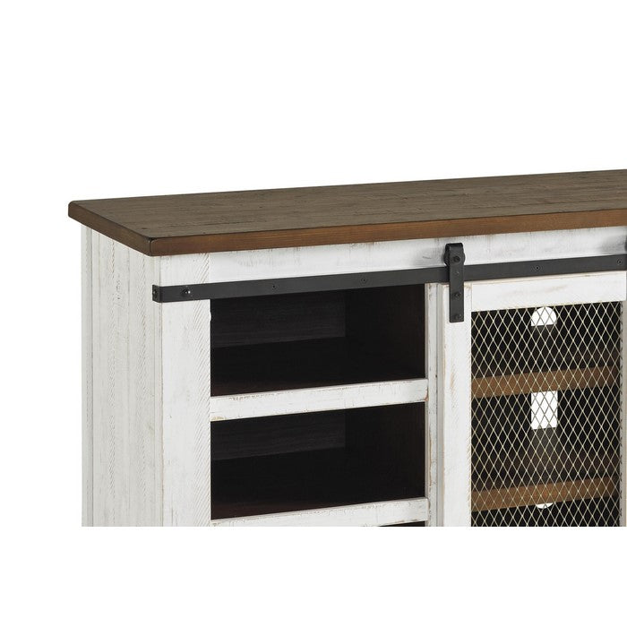 70 Inch 6 Shelf Wooden TV Stand with 2 Barn Sliding Doors, Brown and White