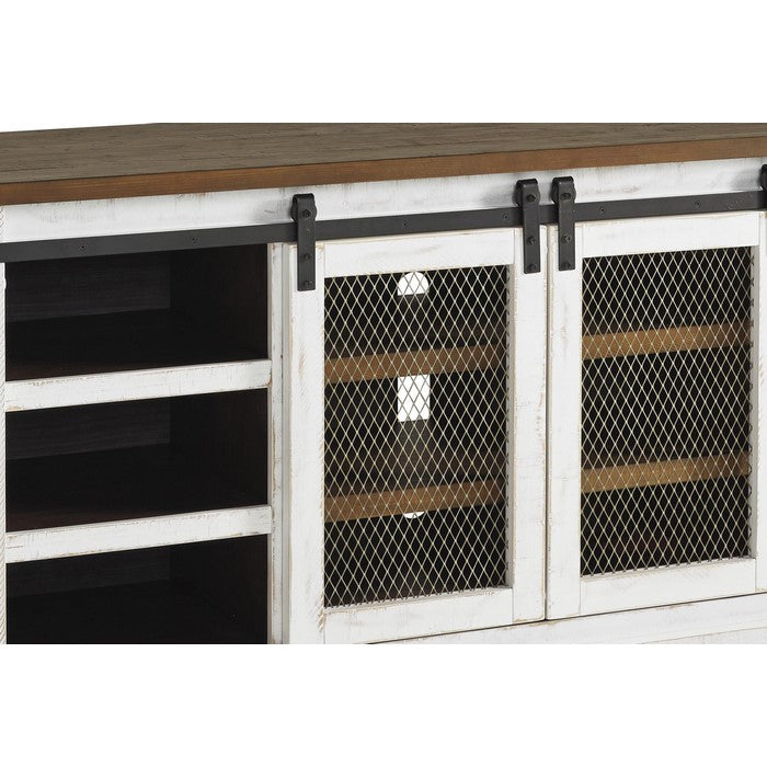 70 Inch 6 Shelf Wooden TV Stand with 2 Barn Sliding Doors, Brown and White