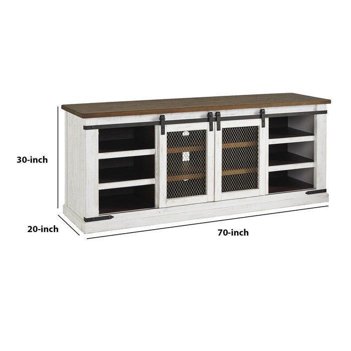 70 Inch 6 Shelf Wooden TV Stand with 2 Barn Sliding Doors, Brown and White