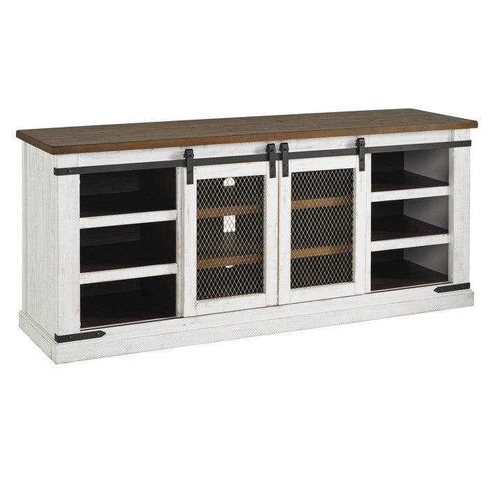 70 Inch 6 Shelf Wooden TV Stand with 2 Barn Sliding Doors, Brown and White