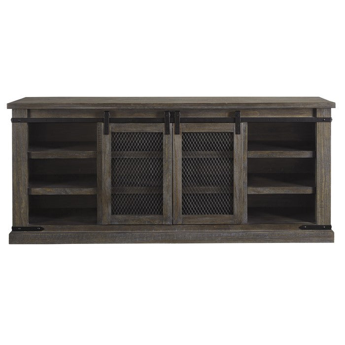 70 Inch Wooden TV Stand with 2 Barn Sliding Doors and 6 Shelves, Brown