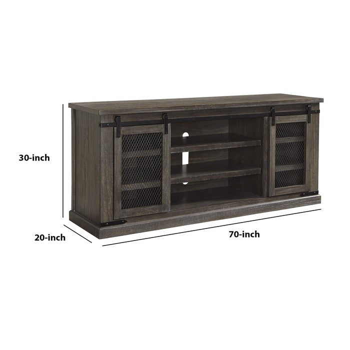 70 Inch Wooden TV Stand with 2 Barn Sliding Doors and 6 Shelves, Brown