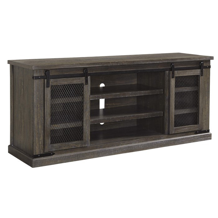 70 Inch Wooden TV Stand with 2 Barn Sliding Doors and 6 Shelves, Brown