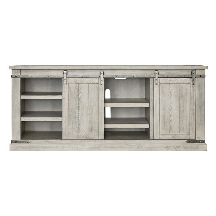 70 Inch Wooden TV Stand with 2 Barn Sliding Doors and 6 Shelves, White