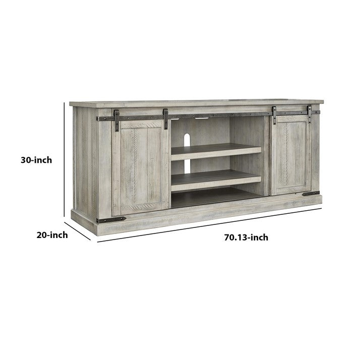 70 Inch Wooden TV Stand with 2 Barn Sliding Doors and 6 Shelves, White