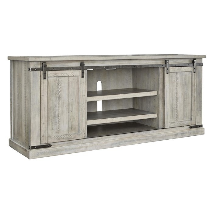 70 Inch Wooden TV Stand with 2 Barn Sliding Doors and 6 Shelves, White