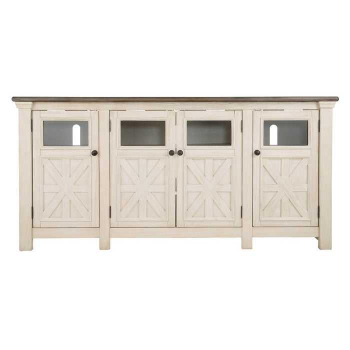 74 Inch TV Stand with 2 Side Cabinets and 1 Center Cabinet, Brown and White