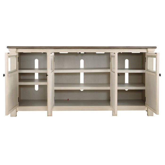 74 Inch TV Stand with 2 Side Cabinets and 1 Center Cabinet, Brown and White