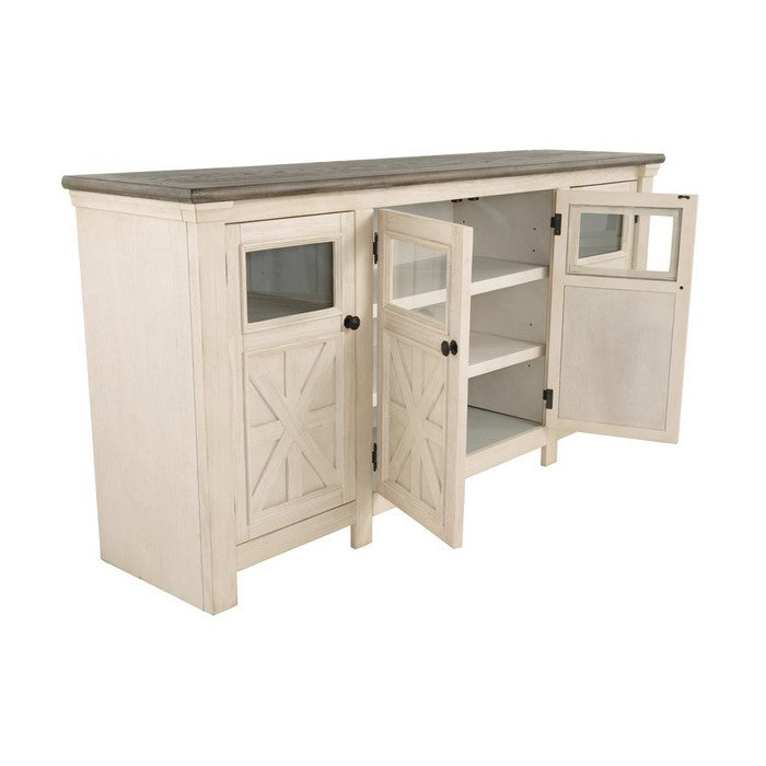 74 Inch TV Stand with 2 Side Cabinets and 1 Center Cabinet, Brown and White