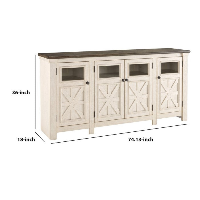 74 Inch TV Stand with 2 Side Cabinets and 1 Center Cabinet, Brown and White