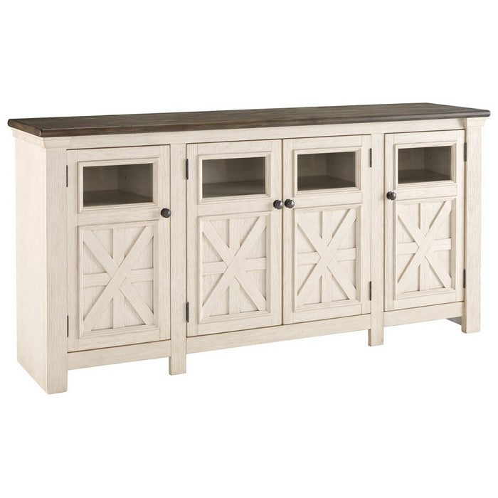 74 Inch TV Stand with 2 Side Cabinets and 1 Center Cabinet, Brown and White