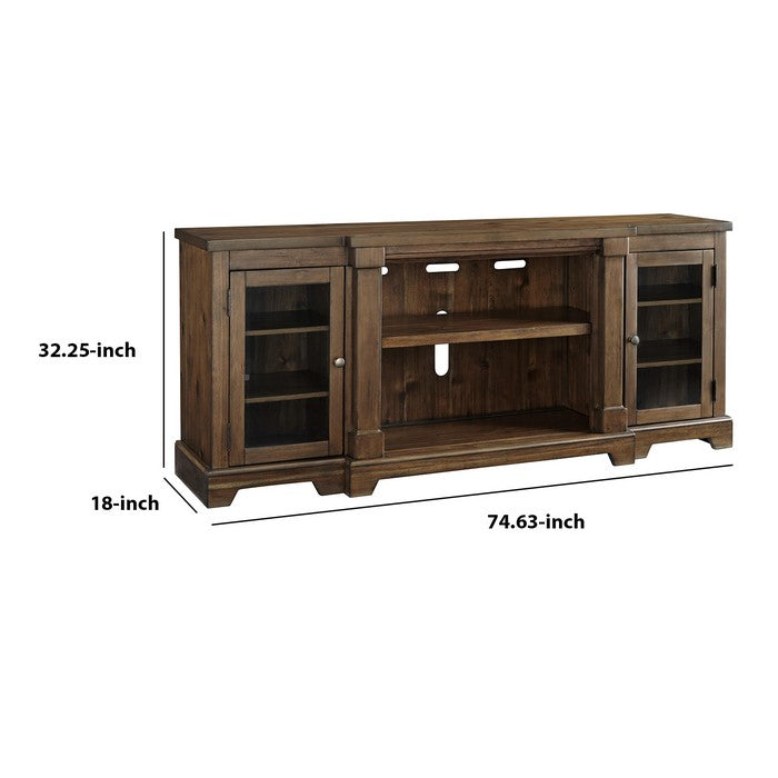 Breakfront Shape Wooden TV Stand with 2 Doors, Extra Large, Brown