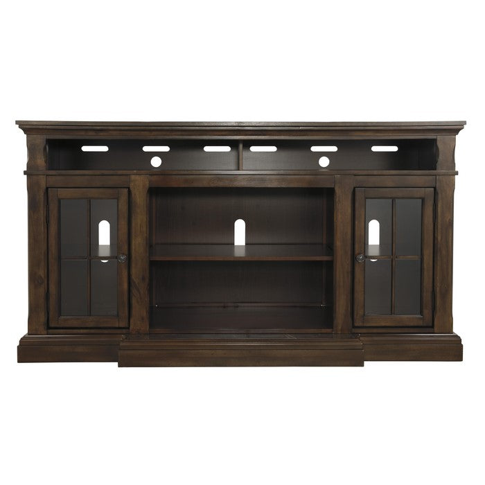 Breakfront Shape Wooden TV Stand with 2 Doors, Extra Large, Dark Brown