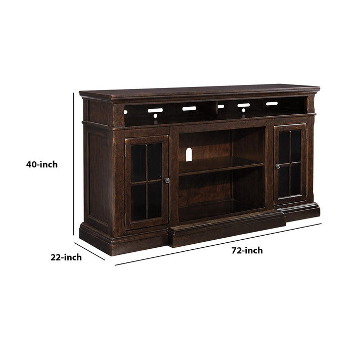 Breakfront Shape Wooden TV Stand with 2 Doors, Extra Large, Dark Brown