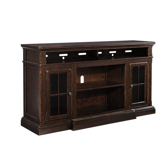 Breakfront Shape Wooden TV Stand with 2 Doors, Extra Large, Dark Brown