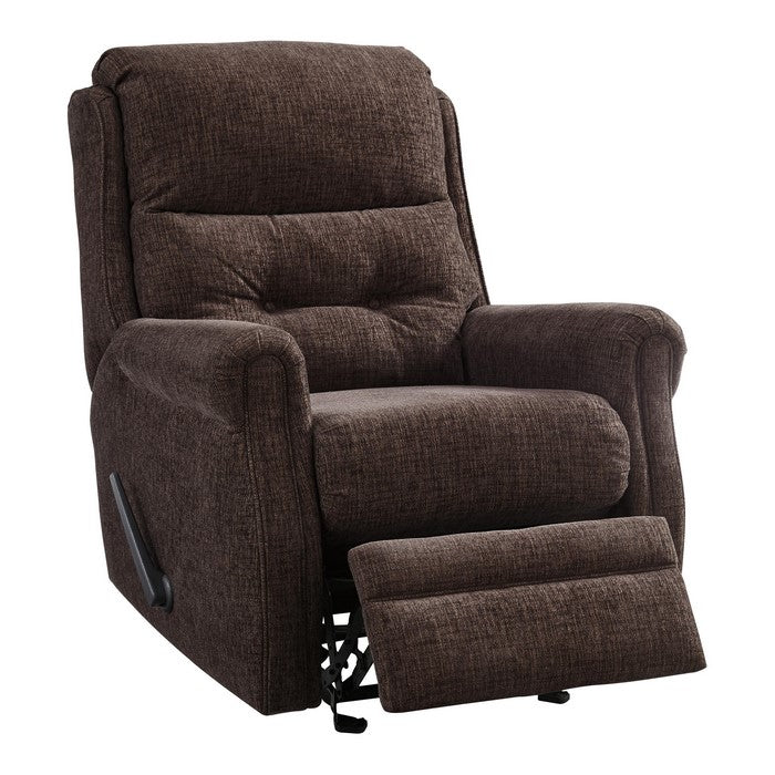 Button Tufted Wooden Recliner with Gliding Mechanism, Brown