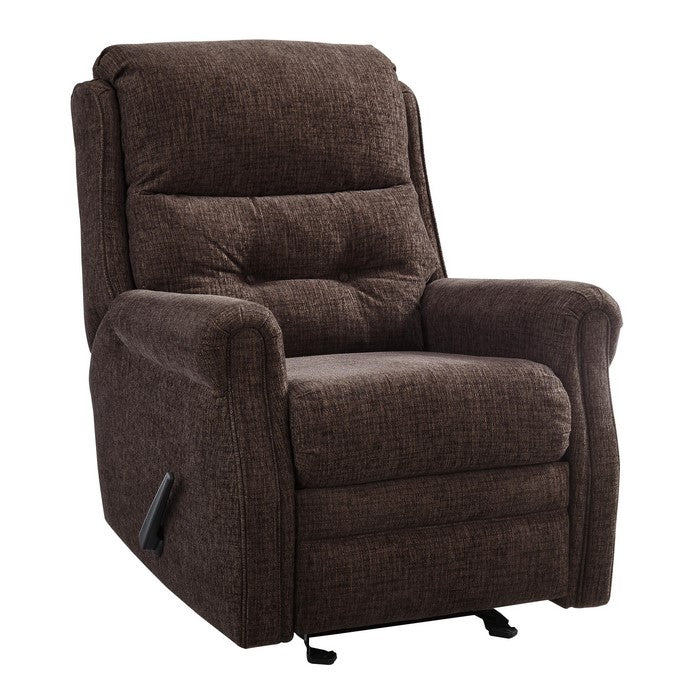 Button Tufted Wooden Recliner with Gliding Mechanism, Brown
