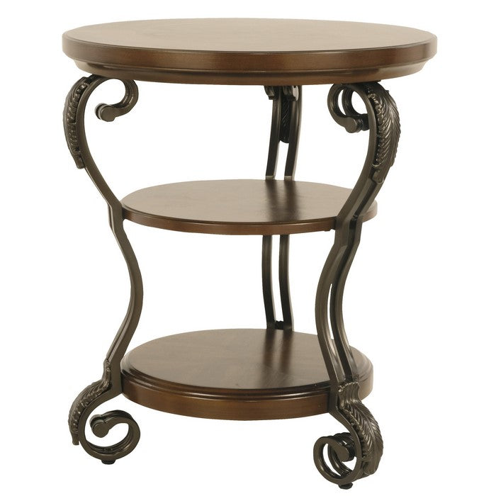 Chair Side End Table with 2 Open Shelves and Scrolled Metal Base, Brown