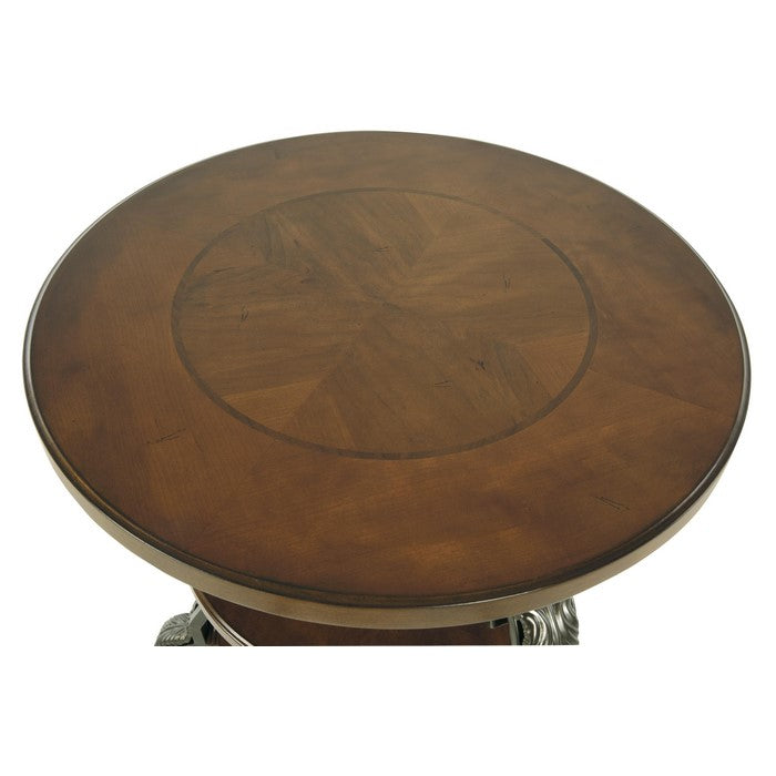 Chair Side End Table with 2 Open Shelves and Scrolled Metal Base, Brown