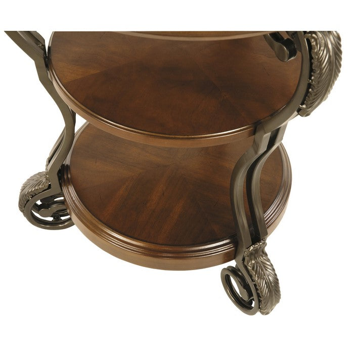 Chair Side End Table with 2 Open Shelves and Scrolled Metal Base, Brown