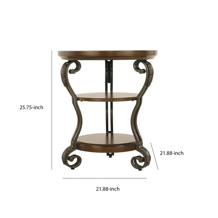 Chair Side End Table with 2 Open Shelves and Scrolled Metal Base, Brown