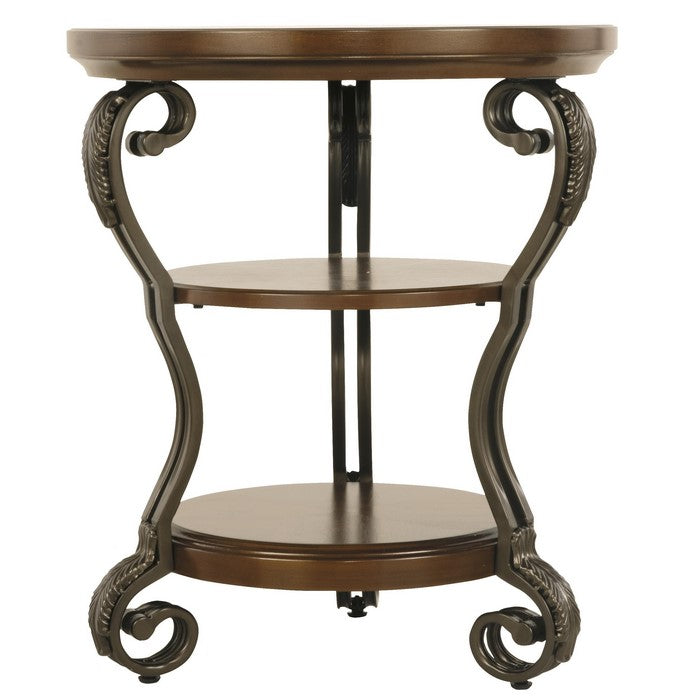 Chair Side End Table with 2 Open Shelves and Scrolled Metal Base, Brown
