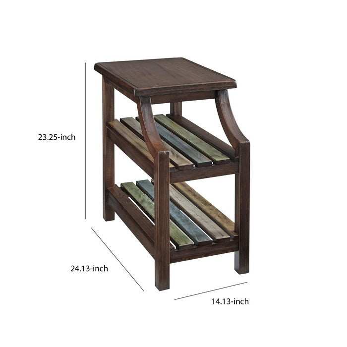 Chair Side End Table with 2 Open Slatted Shelves, Brown