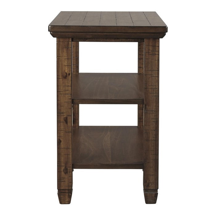 Chair Side End Table with Plank Style Top and 2 Open Shelves, Brown