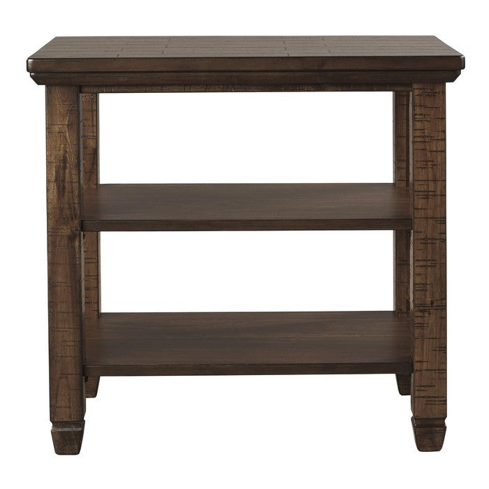 Chair Side End Table with Plank Style Top and 2 Open Shelves, Brown