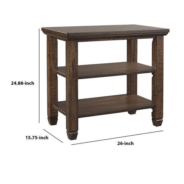 Chair Side End Table with Plank Style Top and 2 Open Shelves, Brown