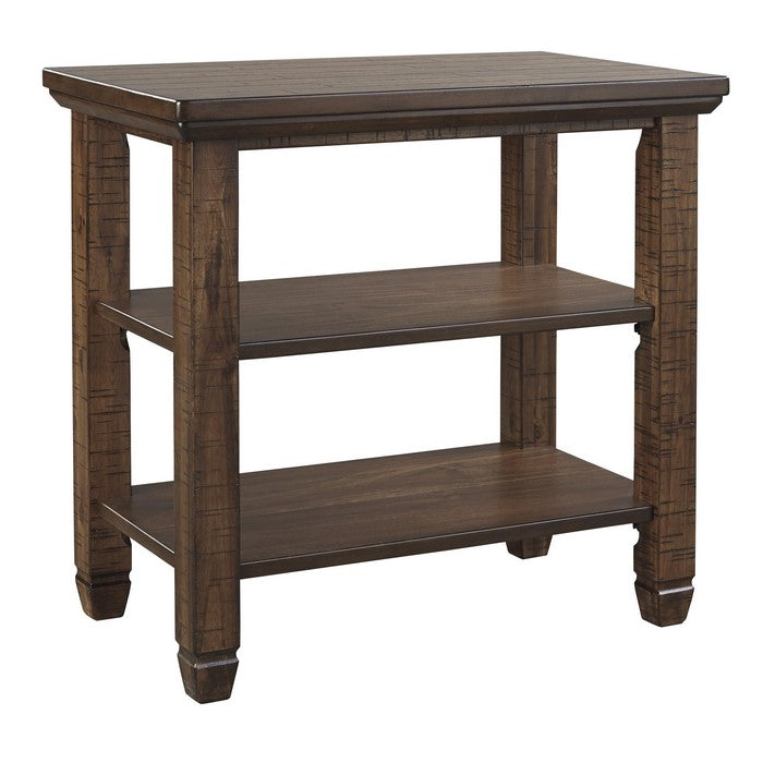 Chair Side End Table with Plank Style Top and 2 Open Shelves, Brown