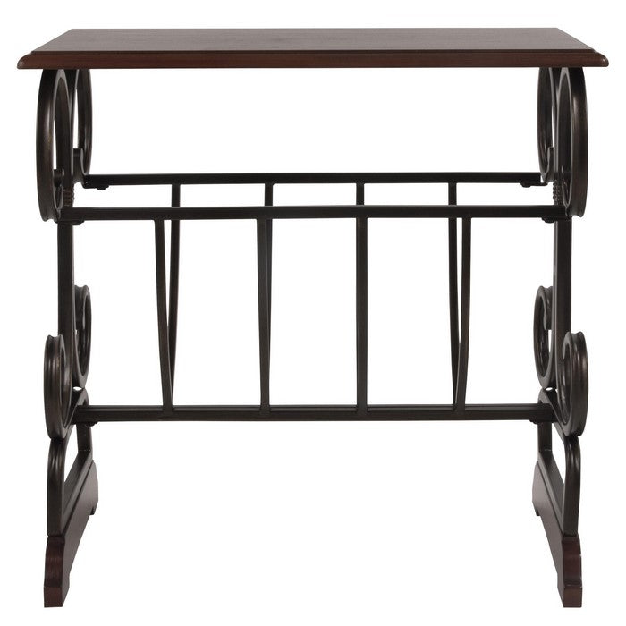 Chair Side End Table with Scrolled Base and Magazine Holder,Brown and Black