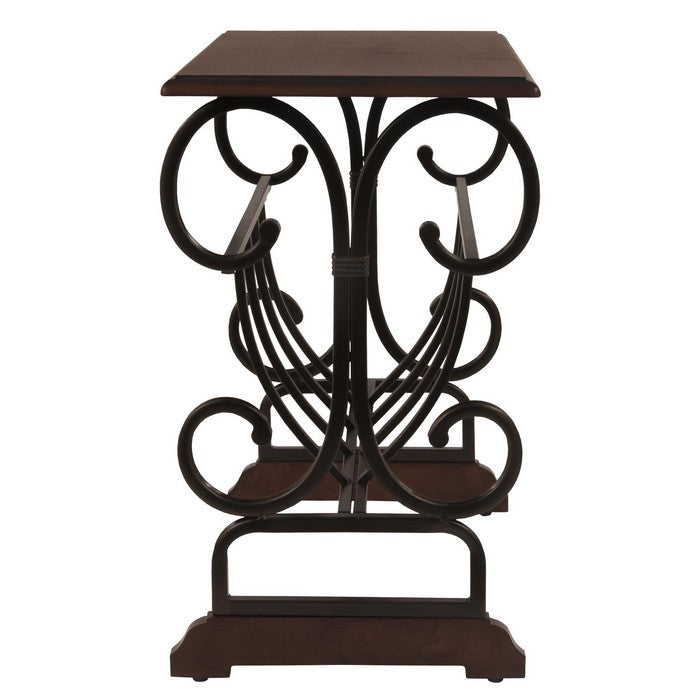 Chair Side End Table with Scrolled Base and Magazine Holder,Brown and Black