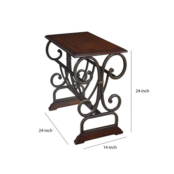 Chair Side End Table with Scrolled Base and Magazine Holder,Brown and Black