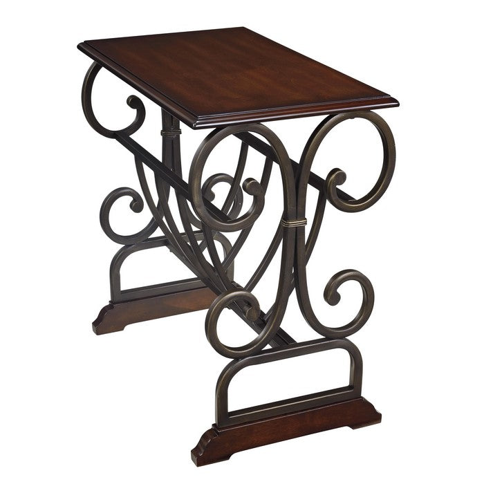 Chair Side End Table with Scrolled Base and Magazine Holder,Brown and Black