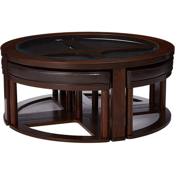 Contemporary Wood and Glass Cocktail Table with 4 Leatherette Stools, Brown