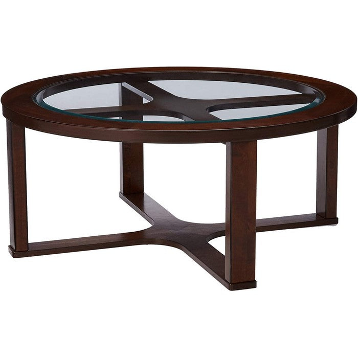 Contemporary Wood and Glass Cocktail Table with 4 Leatherette Stools, Brown