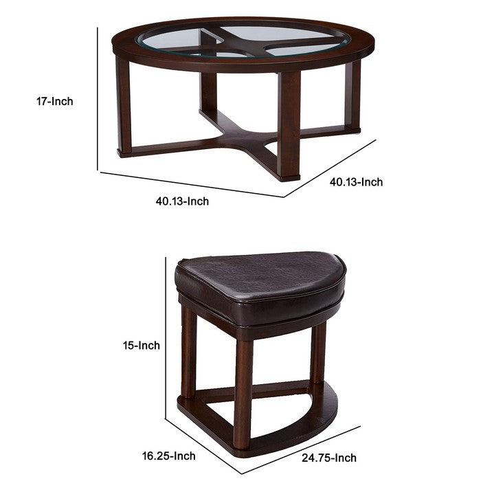 Contemporary Wood and Glass Cocktail Table with 4 Leatherette Stools, Brown