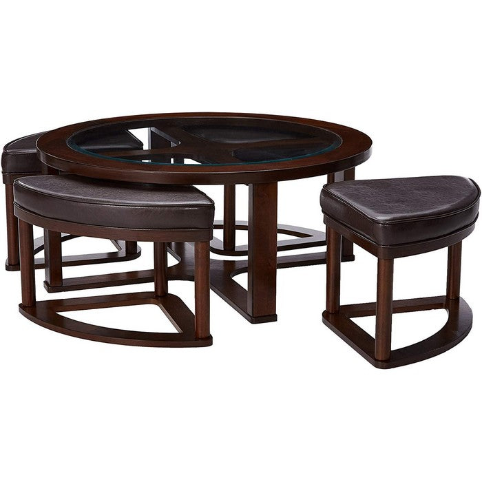 Contemporary Wood and Glass Cocktail Table with 4 Leatherette Stools, Brown