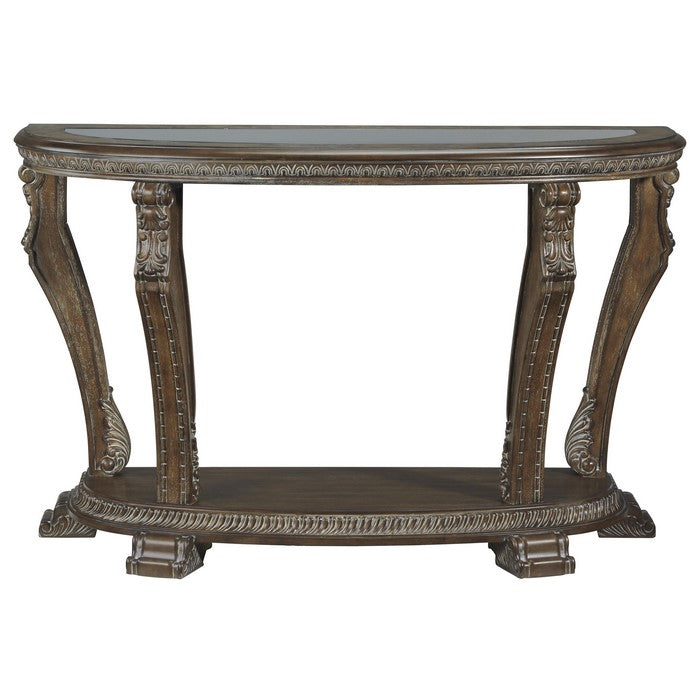 Crescent Moon Engraved Wooden Frame Sofa Table with Open Shelf, Dark Brown