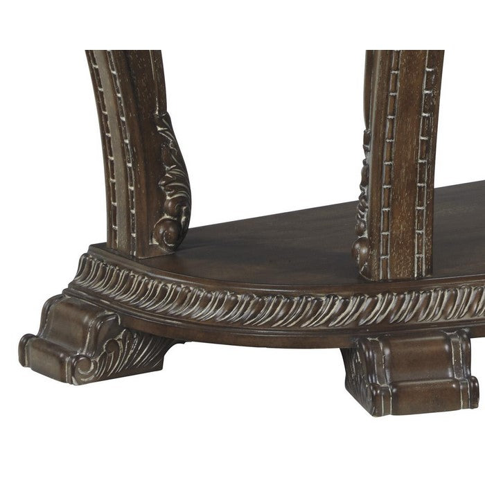 Crescent Moon Engraved Wooden Frame Sofa Table with Open Shelf, Dark Brown